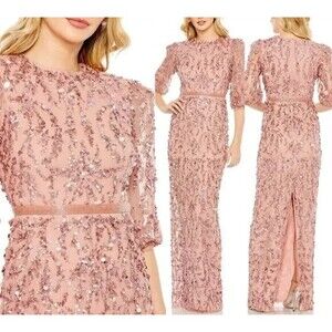 NWT‎ $598 Mac Duggal 93790 Sequined Elbow Sleeve Gown Rosewood Pink SZ 14